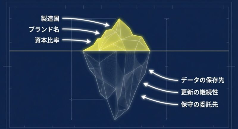 製造国やブランド名 、資本比率 、データの保存先 、更新の継続性 、保守の委託先 という、パソコンの安全性を測るための確認項目リスト。
