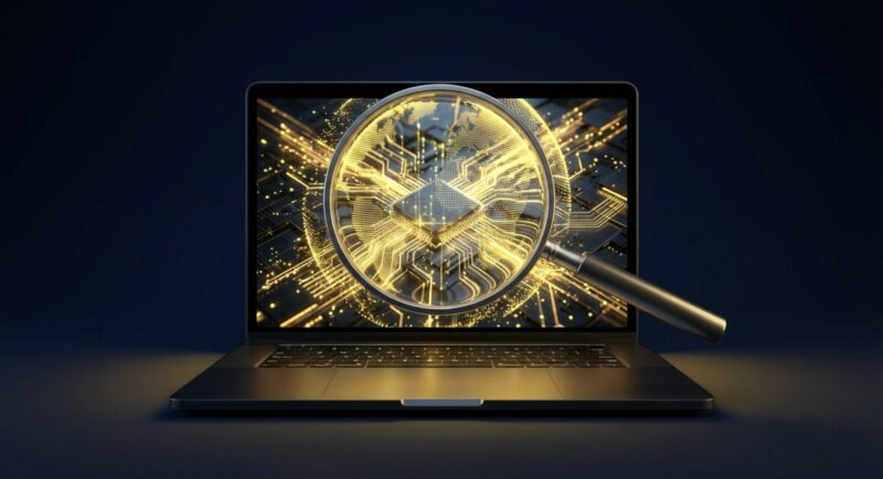 光るCPUと基板を虫眼鏡で拡大し、NECパソコンの安全性や内部構造を検証しているイメージ画像