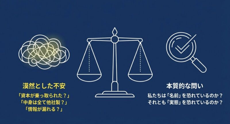 「資本が乗っ取られた?」 、「情報が漏れる?」 など、NECブランドPCに対する漠然とした不安 が絡み合うイメージ図