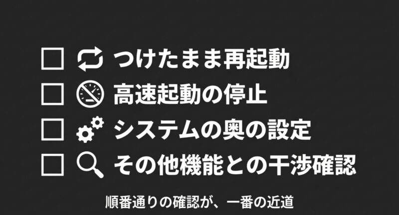 再起動、高速起動の停止、深層設定、干渉確認を順番通りに行うチェックリスト