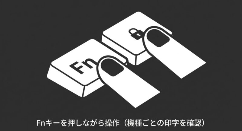 Fnキーを押しながら特定のキーを操作し、キーボードの印字を確認する