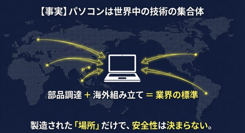 世界中から部品を調達し海外で組み立てる という業界標準を示し、製造された「場所」だけで安全性は決まらない ことを伝える世界地図の図解。