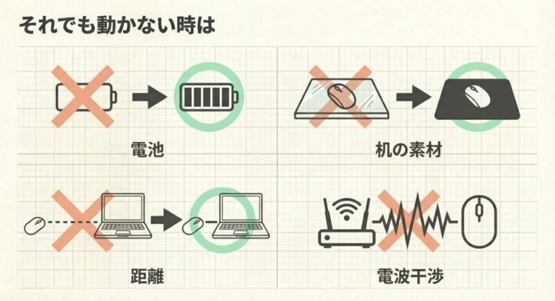 ガラス机を避けてマウスパッドを使う、PCとの距離を近づける、Wi-Fiルーターなどの電波干渉を避ける環境改善の図