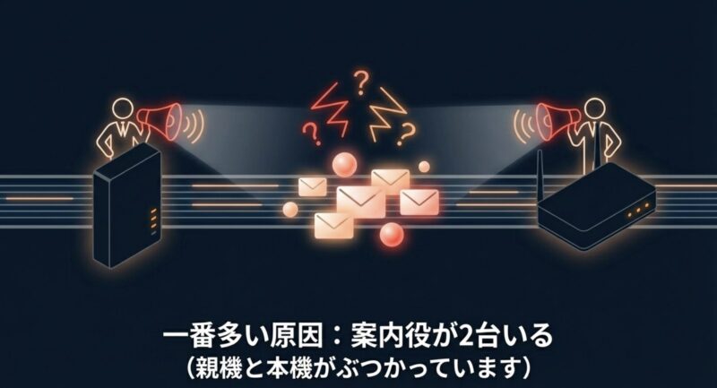 ルーターの案内役が2台いて通信がぶつかっている二重ルーターのイメージ