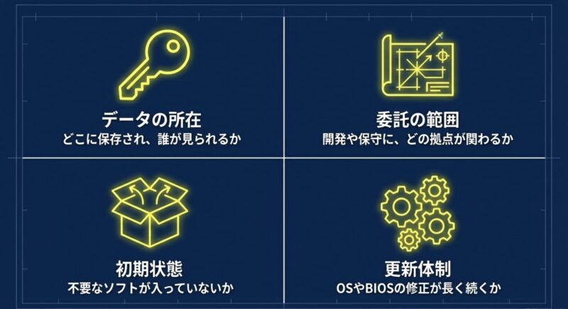 データの所在 、委託の範囲 、不要なソフトの有無などの初期状態 、更新体制 という安全性を決める4つの運用ポイントを示すアイコン図解。