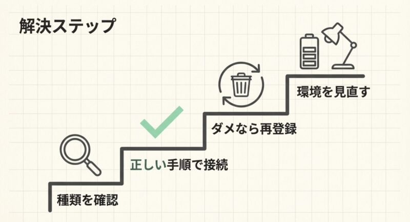 電池の確認、登録のやり直し、環境の見直しなど、マウス接続問題を解決するためのステップを表すアイコン図