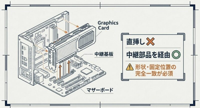 マザーボードに直挿しするのではなく、中継基板を経由してグラフィックボードを接続するライザーカードの構造図