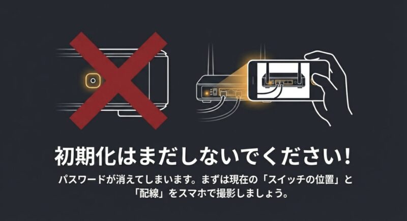 ルーターを初期化して設定が消える前に、現在の配線とスイッチの位置をスマートフォンで撮影している様子