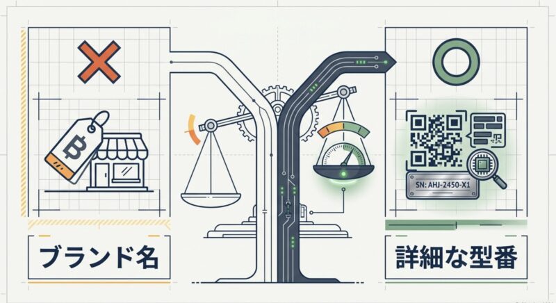 FMVというブランド名ではなく、機器に記載された詳細な型番を確認することの重要性を示すイメージ図