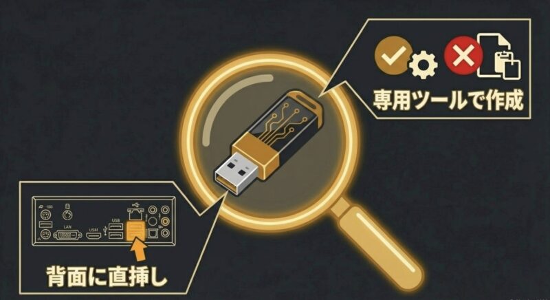 デスクトップパソコン背面のUSBポートに直接機器を挿す図解