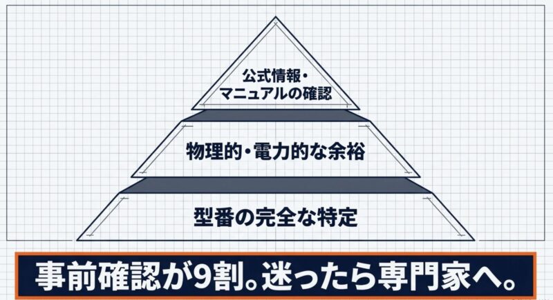 型番の完全な特定、物理的・電力的な余裕、公式情報・マニュアルの確認という事前確認の重要性を示すピラミッド図