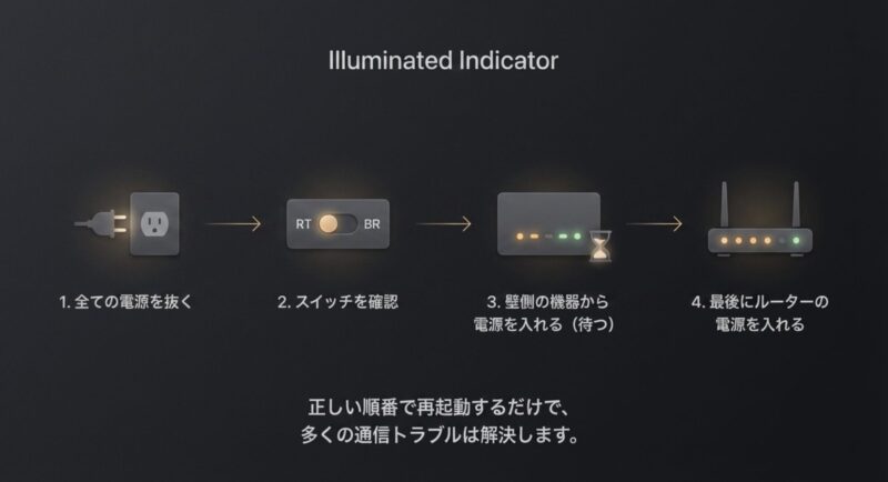 全ての電源を抜き、壁側の通信機器から順番に電源を入れて最後にルーターを起動する正しい再起動のステップ