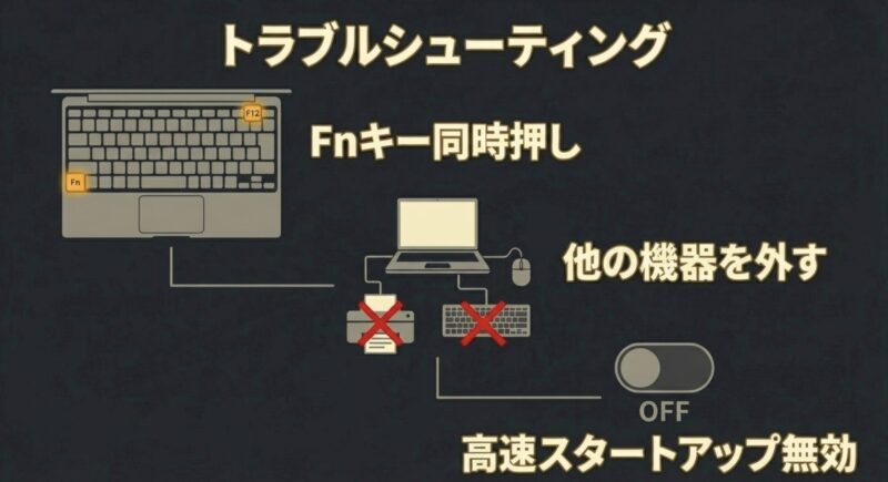 キーボードのFnキーとF12キーの同時押しの図解と、その他のトラブルシューティングのポイント