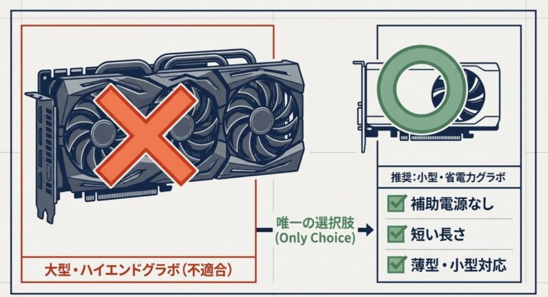 大型ハイエンドグラボは不適合であり、補助電源なし・短い長さ・薄型対応の小型グラボが推奨されることを示す図
