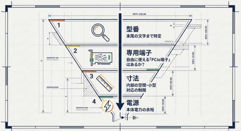 型番、専用端子、寸法、電源の順番でグラフィックボード増設の条件を絞り込む4つの確認手順を示すファネル図