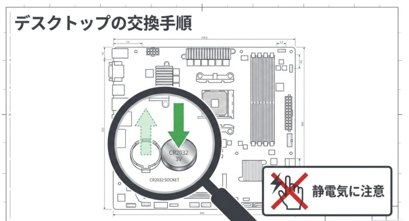 マザーボード上のCR2032電池ソケットの位置と静電気への注意喚起