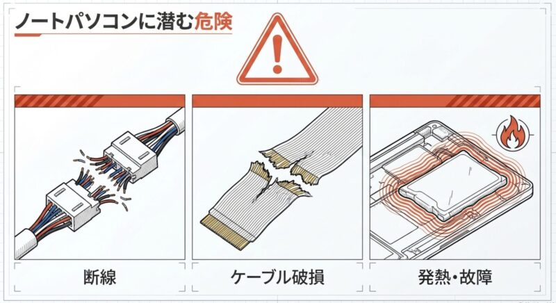 ケーブル破損や断線、誤った対処による発熱などのノートパソコン分解リスク