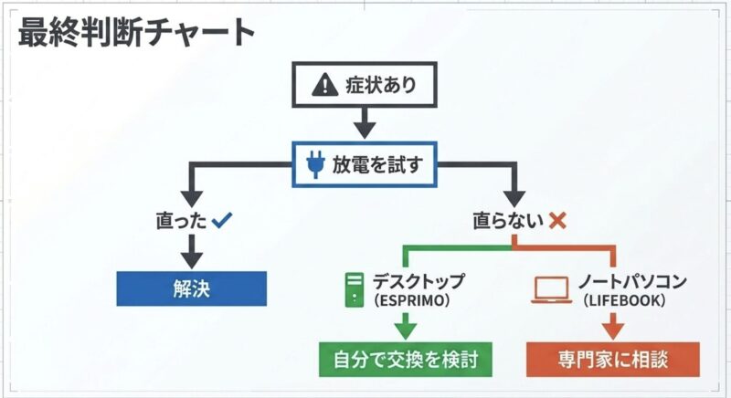 症状から放電を試し、ESPRIMOかLIFEBOOKかで自分で交換するか専門家に相談するかを決めるフローチャート