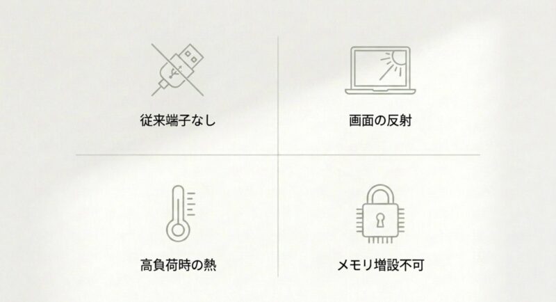 FMV Note Cのデメリットや注意点である従来端子なし、画面の反射、高負荷時の熱、メモリ増設不可を示す4つのアイコン