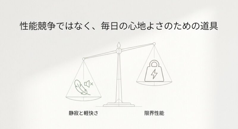 限界性能よりも静寂と軽快さを重視し、毎日の心地よさのための道具であることを示すFMV Note Cのコンセプト図