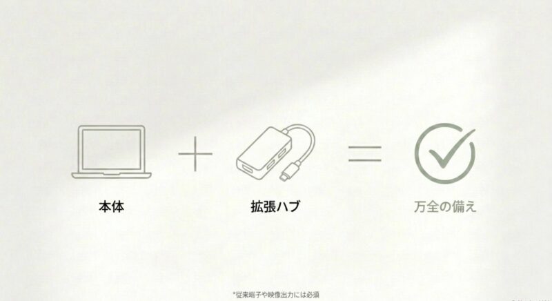 従来端子や映像出力には必須となる、FMV Note C本体に拡張ハブを組み合わせて万全の備えとする解決策の図