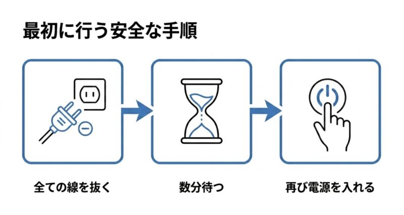 全ての線を抜く、数分待つ、再び電源を入れるという放電の3ステップ