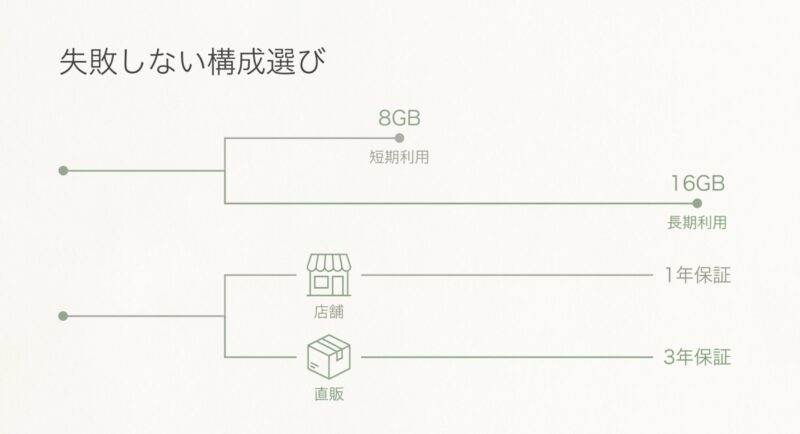 失敗しない構成選びとして、短期利用は8GB、長期利用は16GBのメモリを選び、店舗は1年保証、直販は3年保証となることを示す比較図