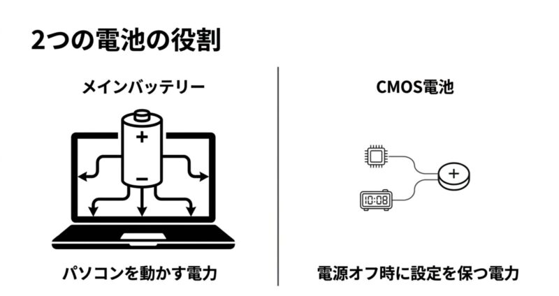 パソコンを動かす電力と電源オフ時に設定を保つ電力の役割比較
