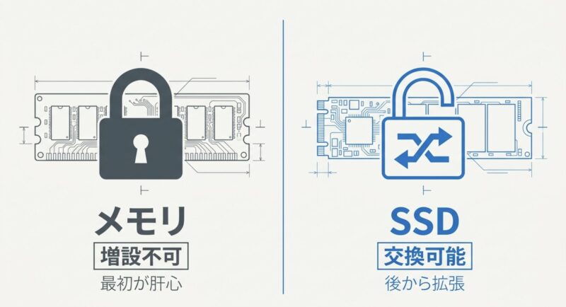 メモリは増設不可で購入時が肝心、SSDは後から交換可能であることを示す図解