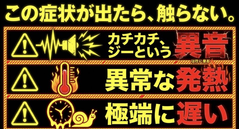 カチカチ・ジーという異音、異常な発熱、極端に遅いなどの症状が出たら、物理障害の危険があるため触らないでください。