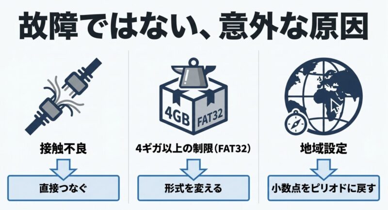 ケーブルの接触不良、FAT32の4GB制限、地域設定など、機器の故障ではない意外なエラー原因のまとめ。