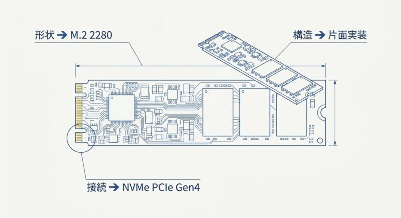 FMV WU4-K3に対応するSSDの規格（形状M.2 2280、接続NVMe PCIe Gen4、片面実装）