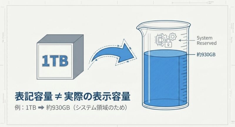 1TBのSSDがシステム領域によりWindows上では約930GBと表示されることを示す図解