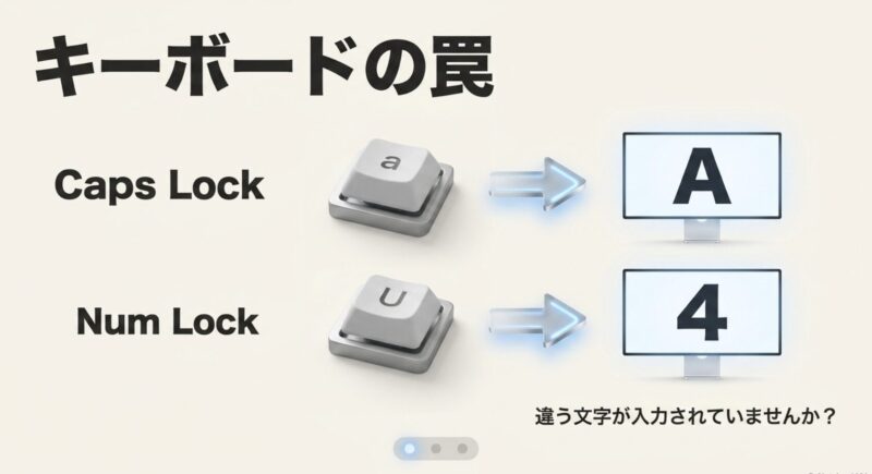 Caps LockやNum Lockによる意図しない文字入力（キーボードの罠）の図解