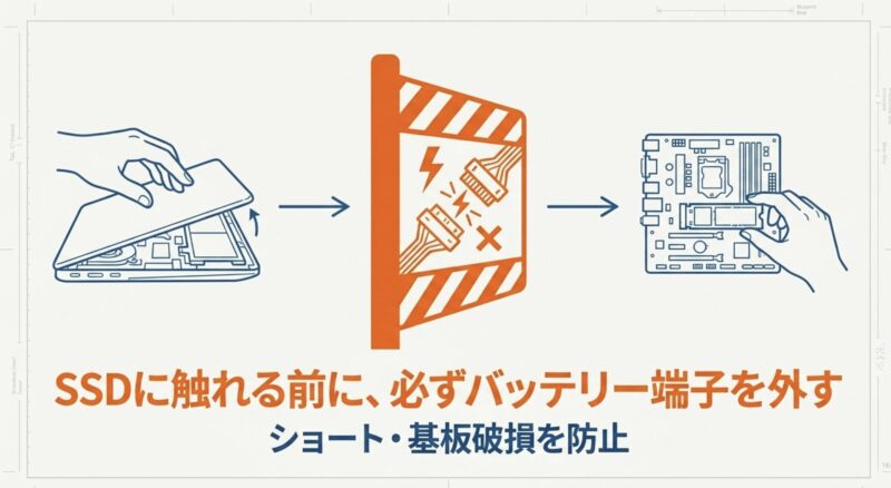 ショートや基板破損を防ぐため、SSDに触れる前に必ずバッテリー端子を外す手順