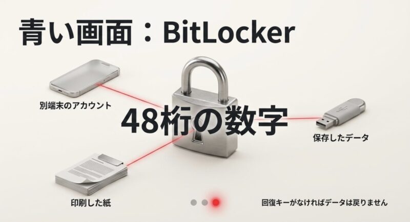 青い画面が表示された場合はBitLockerの48桁の回復キーが必要になることの解説