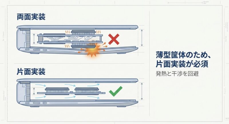 薄型筐体のため両面実装SSDは干渉・発熱のリスクがあり、片面実装SSDが必須であることを示す図解