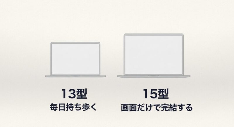 13インチは毎日持ち歩く人向け、15インチは外部モニターを使わず画面だけで完結させる人向けであることを比較したスライド画像