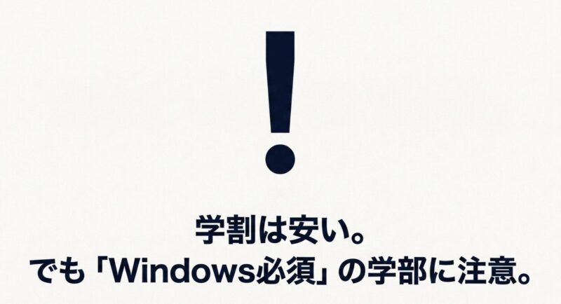 学割は安いが、Windowsが必須となる学部でのMacBook購入には注意が必要であることを促すスライド画像