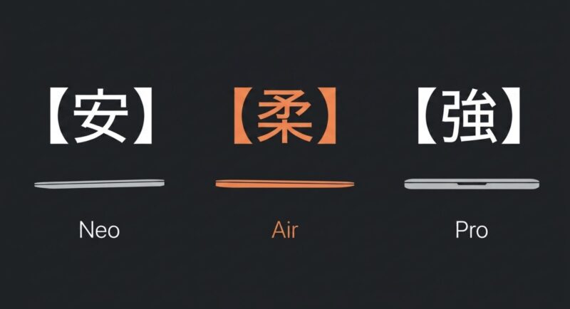 MacBookのNeo・Air・Proのコンセプトの違い(安・柔・強)
