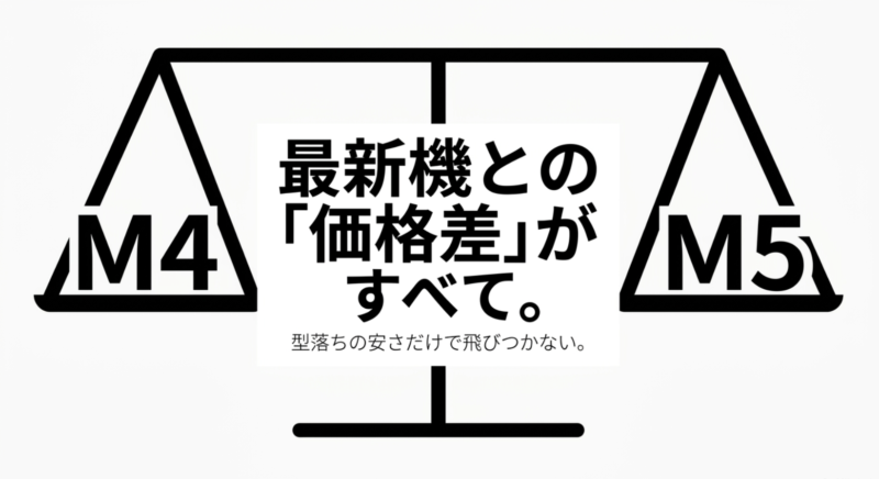 M4とM5の価格差を天秤で比較するイラスト