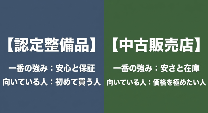 安心と保証の認定整備品、安さと在庫の中古販売店の比較