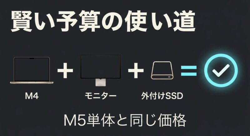 MacBook Air M4にモニターと外付けSSDを組み合わせてもM5単体と同じ価格になることを示す図