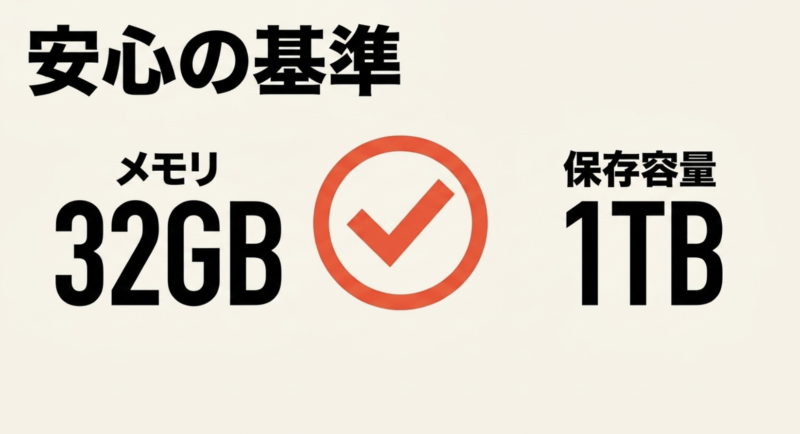 ゲーミングPCの安心基準。メモリ32GB、保存容量1TB