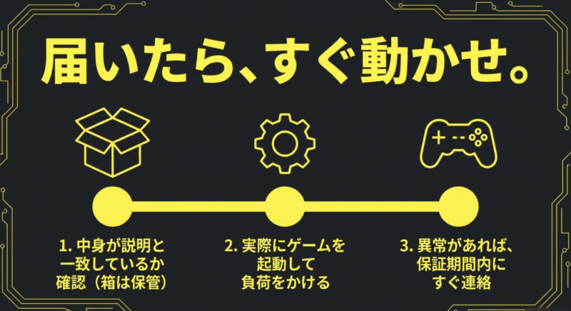 構成の確認、ゲーム起動による負荷テスト、異常時の早期連絡など、中古PC到着直後にやるべき3つの手順の図解