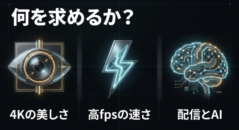 何を求めるか?4Kの美しさ、高fpsの速さ、配信とAI