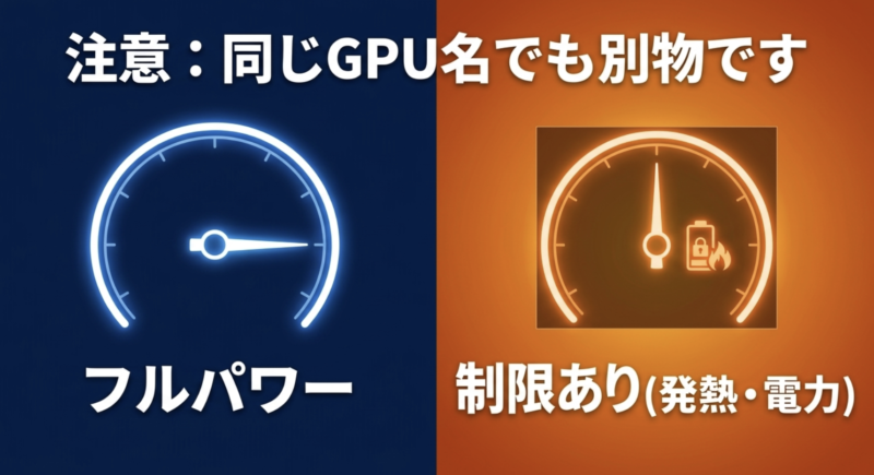 同じGPU名でもデスクトップ版はフルパワー、ノート版は発熱や電力に制限あり