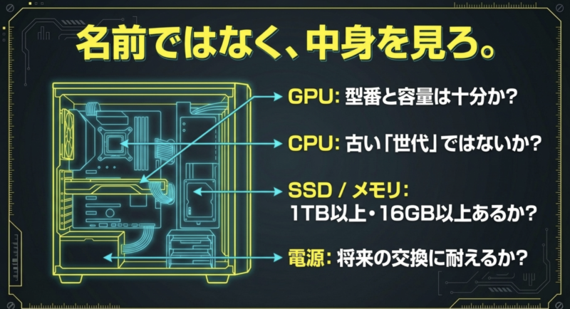 GPU、CPU、SSD/メモリ、電源など、中古PC購入前に中身を確認すべきポイント