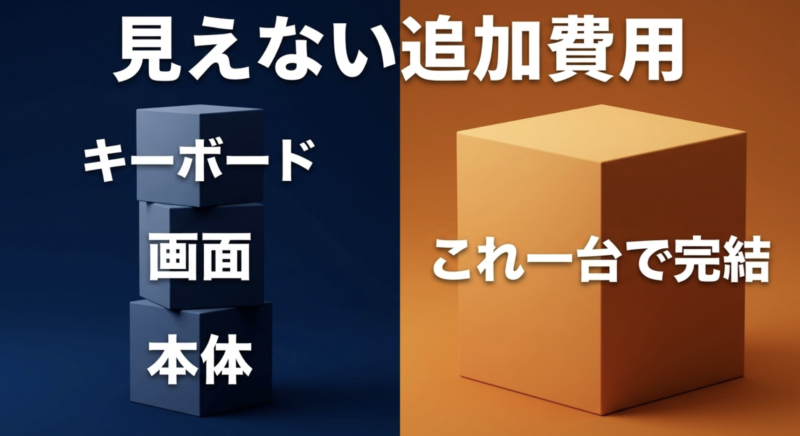 デスクトップPCのキーボードや画面など見えない追加費用と、これ一台で完結するノートPCの比較