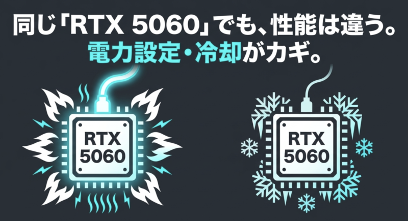 同じRTX 5060でも電力設定や冷却がカギとなり性能が違うことを解説した図